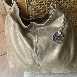 Michael Kors Metallic Taupe/gold liquid leather Shoulder Hobo
